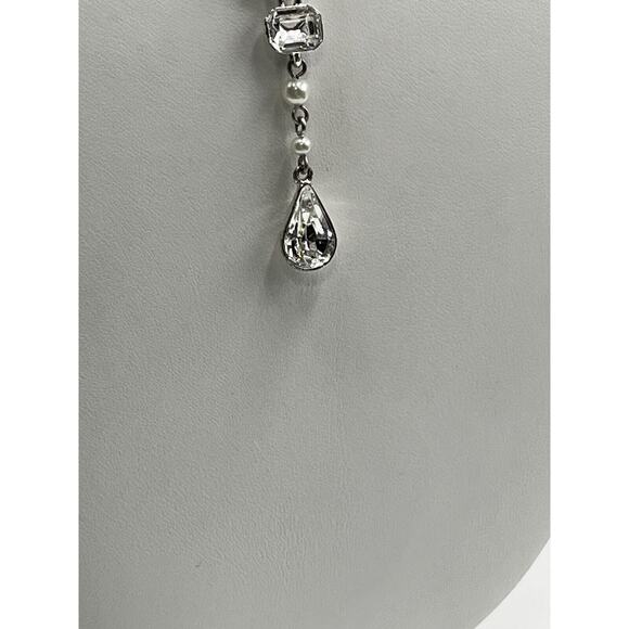 Givenchy Vintage Silver Tone Sparkling Rhinestone Faux Pearl Y Drop Necklace - Picture 7 of 14